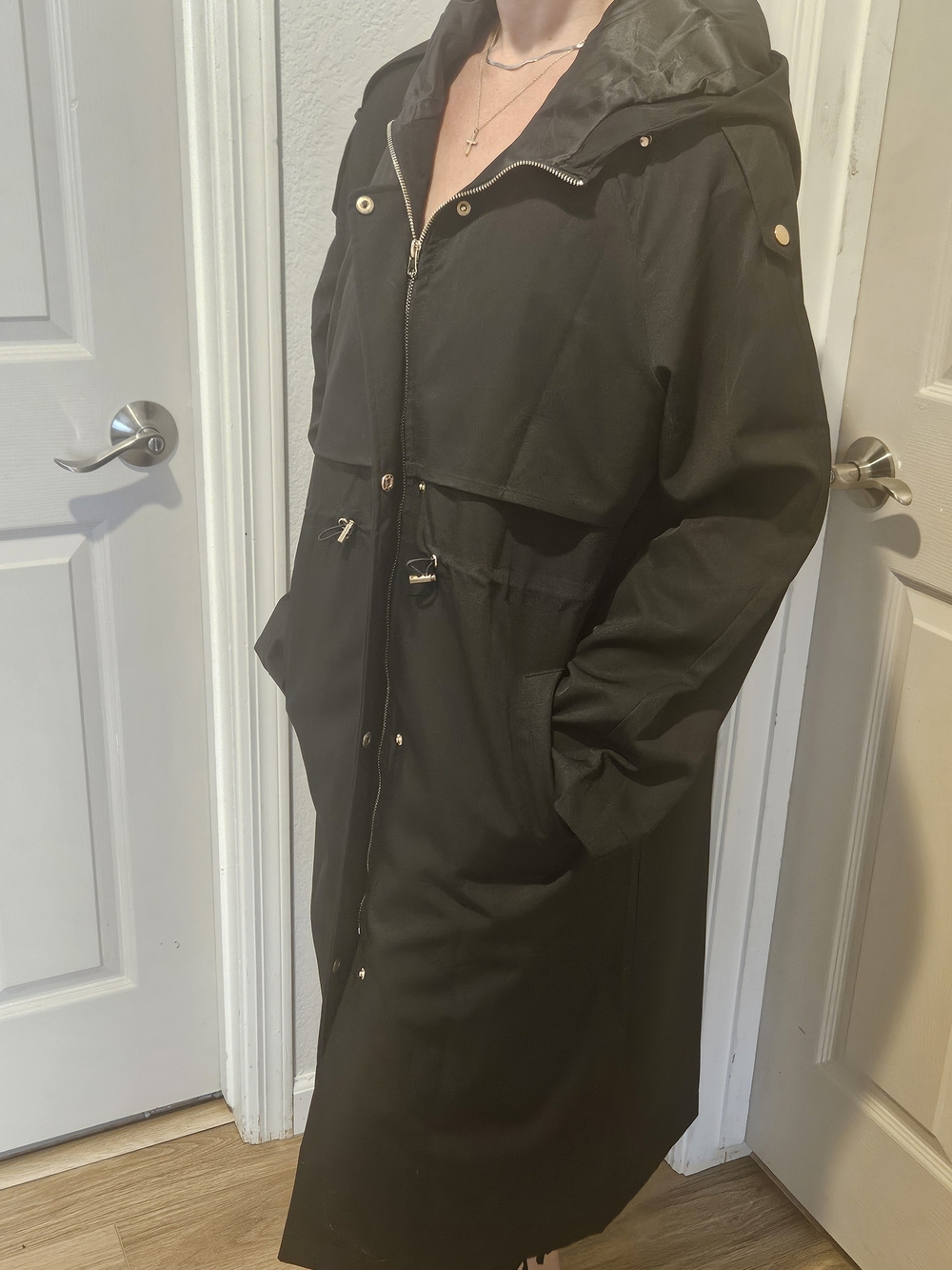 Woman's Black Hooded Raincoat with Zip, Snap Front & Gold-Tone Accents